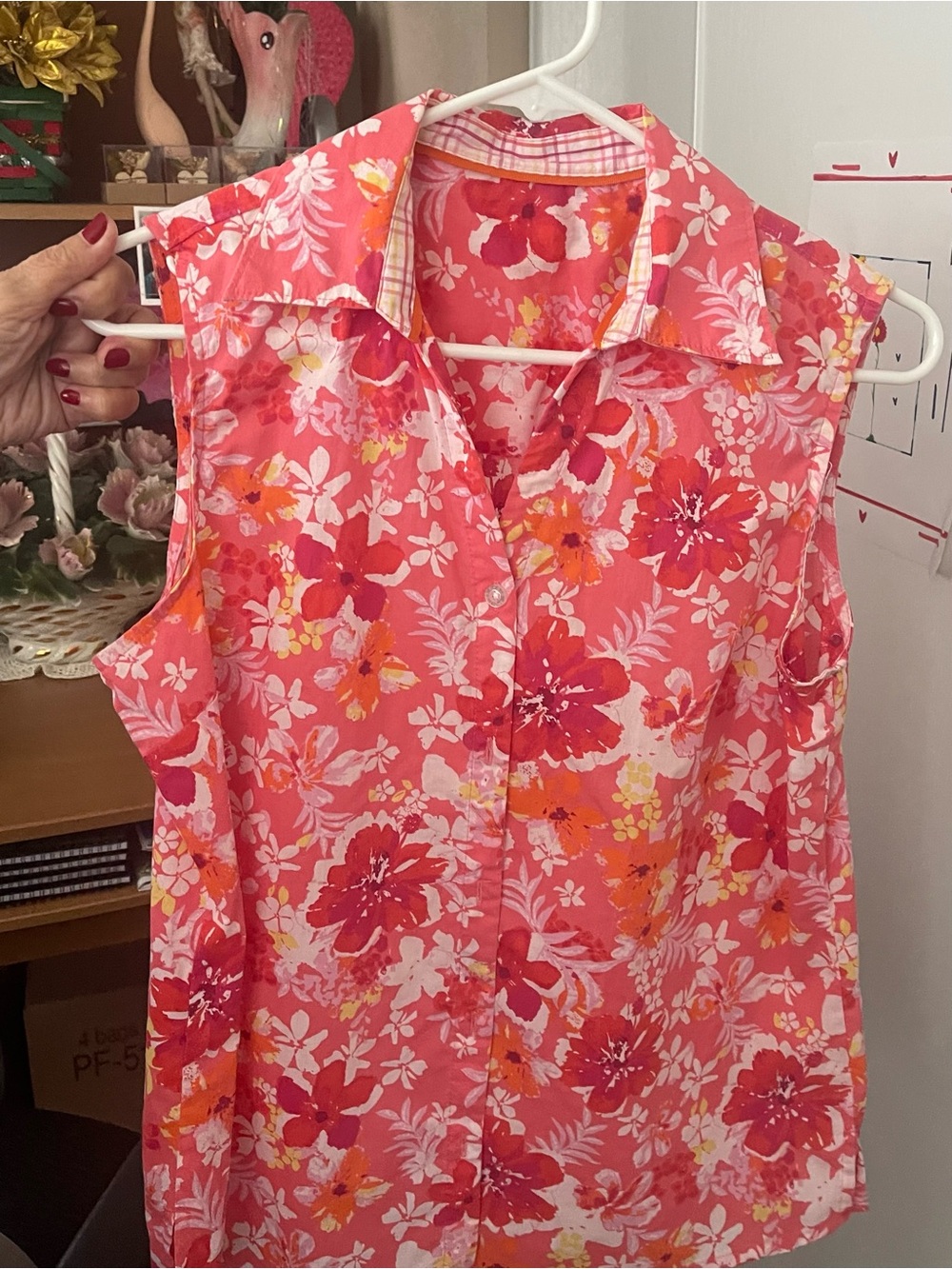 Coral Pink Floral Sleeveless Button-Front Blouse